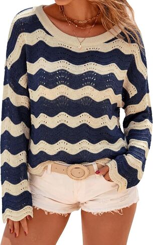 Arach&Cloz Women's Linen Blend Crochet Bell Sleeve Beach Vacation Striped Tops 2026 in Saudi Arabia