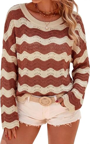 Arach&Cloz Women's Linen Blend Crochet Bell Sleeve Beach Vacation Striped Tops 2026 in Saudi Arabia