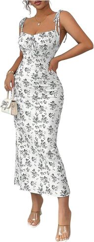 GORGLITTER Women's Floral Fishtail Midi Dresses Tie Shoulder Spaghetti Strap Summer Casual Vacation Beach Sun Dresses in Saudi Arabia
