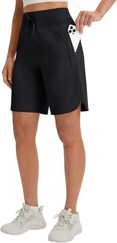 baleaf Women's 9" Bermuda Long Shorts with Pockets Quick Dry Athletic Knee Length Shorts High Waisted Running UPF 50+ in Saudi Arabia