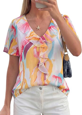 Simplee Womens Summer Floral Blouse Dressy Casual Chiffon Short Sleeve Boho Tops Ruffle V Neck Tops 2026 Trendy Shirt Clothes in Saudi Arabia