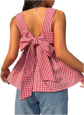 WDIRARA Women's Gingham Plaid Bow Knot Back Tank Top Square Neck Sleeveless Peplum Tops in Saudi Arabia