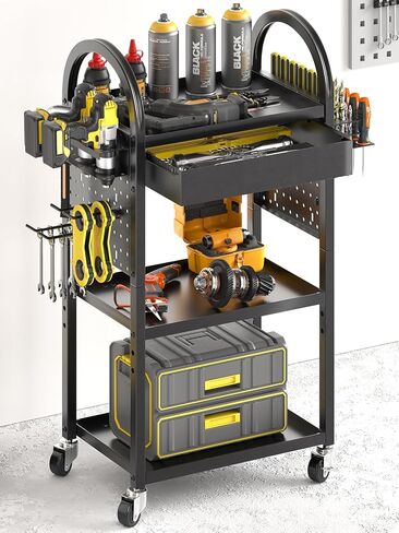 Warome Large Power Tool Organizer Cart with Charging Station, Rolling Utility Cart with 8-Outlet Movable Power Strip, Floor Standing Drill and Battery Holder,Tool Cart on Wheels for Garage Storage in Saudi Arabia