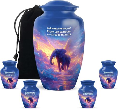 Angel Elephant Cremation Urn for Adult Female Ashes - Large Memorial Black Urns for Mom & Dad - Small Funeral Urns (Set of 5-10" & 3") in Saudi Arabia