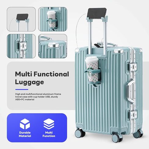 Carry-on with Cup Holder & USB Port Carry on Luggage Durable Luggage Suitcase Lightweight Hardside Luggage with TSA lock & Phone Holder 360° double spinner Wheels (Blue=(20+24)lnch, (20+24)lnch) in Saudi Arabia