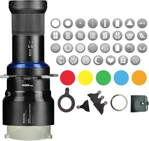 Bussi MG06 Max Optical Snoot Bowens Mount LED Lights، 36 درجة عدسة كشاف للتصوير الفوتوغرافي مع 30 مجموعة ضوء Gobos، 4X شفرات مصراع و 5 أضواء تصوير هلامية ملونة. (حامل بوينز ممتد) in Kuwait