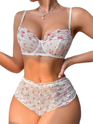 Women Floral Lace Lingerie Set Underwire Bra and High Waist Panty, Adjustable Straps, 2 Piece in Saudi Arabia