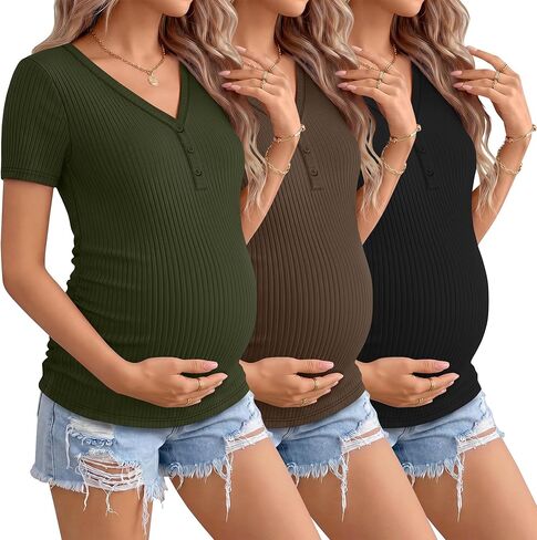 3 Pack Womens Maternity Shirts Short Sleeve Cotton Ribbed V Neck Pregnancy Clothes Henley Side Ruched Casual Tees in Saudi Arabia