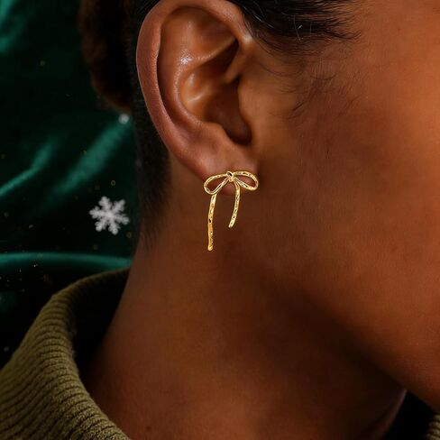 Moodear الذهب القوس الأقراط لذيذ القوس الشريط أقراط للنساء العصرية لطيف بيان 14K الذهب / الفضة مطلي هيبوالرجينيك قطرة Bowknot هوب تتدلى أقراط مجوهرات هدايا للنساء in Kuwait