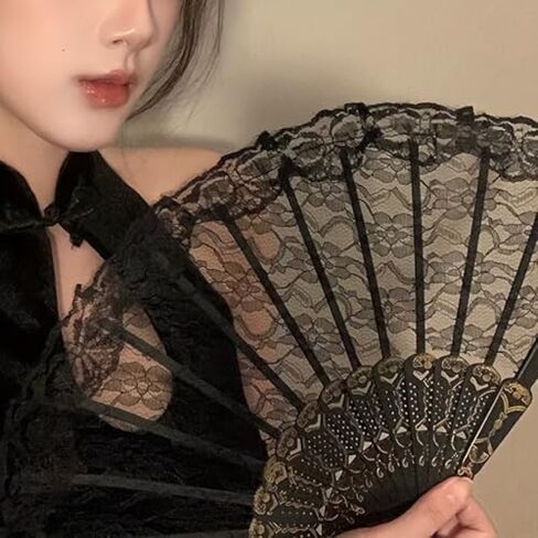 An Elegant Floral Hand Fan from The 1920S, Featuring Lace, a Chinese Folding Design, Perfect for Women, Suitable As a Decorative Gift for Wedding Parties, And As a Prop for Bride'S Dances (black) in Saudi Arabia