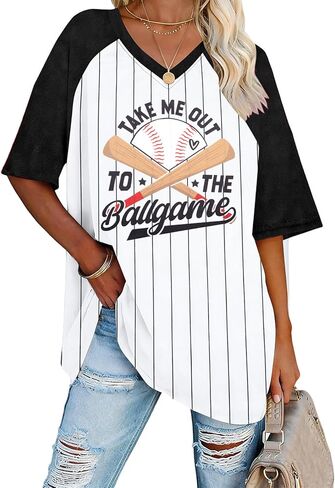 Baseball Mom Shirts for Women - Oversized V Neck Baseball Jersey Shirt Stripe Graphic Print Casual Tops Tees in Saudi Arabia