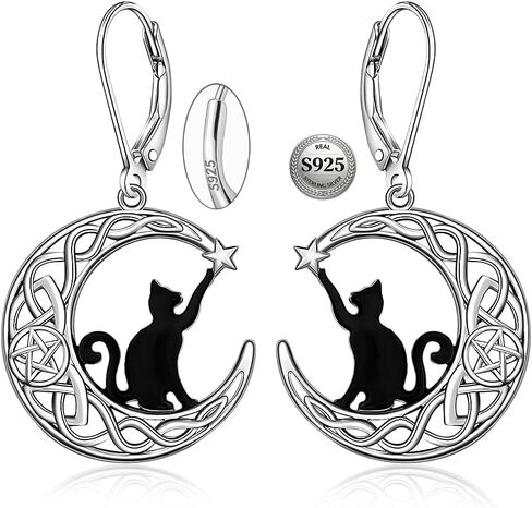 Black Cat Earrings for Women Sterling Silver Leverback Cute Animal Crescent Moon Celtic Knot Dangle Drop Earrings Hypoallergenic Cats Lover Halloween Gifts in Saudi Arabia