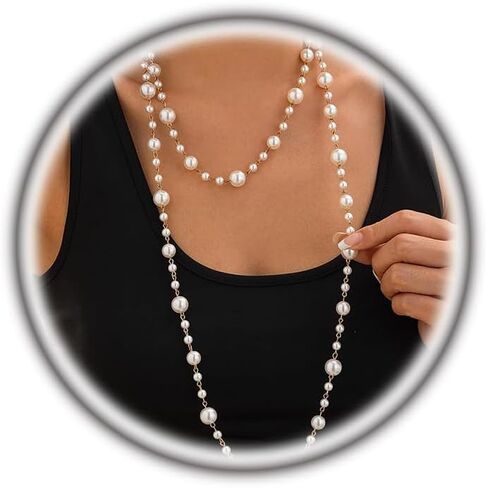 Long Pearl Necklaces for Women Trendy Pearl Chain Long Pearl Necklace Layered Pearl Statement Necklace Sweater Strand Chain Jewelry in Saudi Arabia