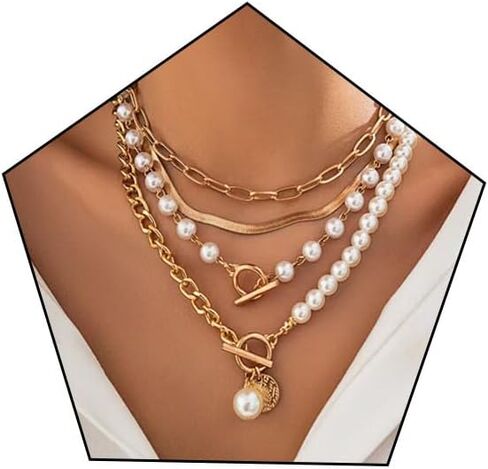 Gold Plated Layered Necklace Multilaye Chunky Layering Pearl Paperclip Chain Adjustable Layering Chain Plated Necklaces Set for Women in Saudi Arabia