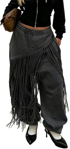 Womens Wide Leg Sweatpants High Waisted Baggy Pants Fashion Teen Girl Fringe Athletic Joggers with Pockets Tassels in Saudi Arabia