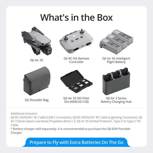 مجموعة DJI Air 3S Fly More Combo (RC-N3)، طائرة بدون طيار مزودة بكاميرا CMOS واسعة الزاوية ومتوسطة الحجم مقاس 1 بوصة، فيديو HDR بدقة 4K/60 إطارًا في الثانية، واستشعار العوائق الليلية متعدد الاتجاهات (متجدد) in Kuwait