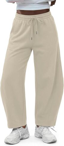 Onlypuff المرأة برميل الساق Sweatpant الرباط مطاطا الخصر واسعة الساق السراويل عارضة بالازو بنطلون مع جيوب in Saudi Arabia