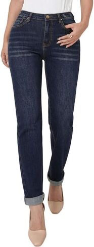 Women's High Waisted Straight Leg Jeans, Dark Wash Rolled Cuff, Premium Stretch Denim, Size XS to XXL with Pockets in Saudi Arabia