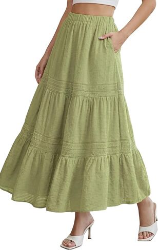 Womens Long Skirts 2026 Summer Boho Elastic High Waisted A-Line Lace Hollow Out Tiered Flowy Maxi Skirt with Pockets in Saudi Arabia