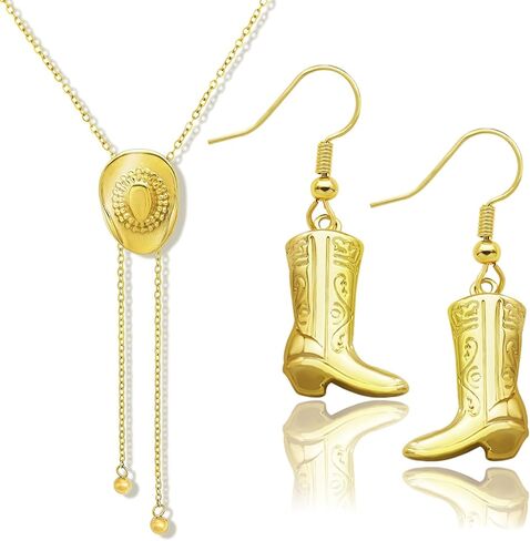 2 Pcs 18k Golden Plated Western Cowgirl Hat Necklace Earrings Set Adjustable Hat Bolo Tie for Women Cowboy Earring in Saudi Arabia