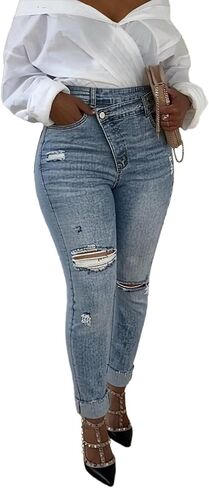 بنطلون جينز نسائي ممزق مكبل من Vaceky Y2K سروال دينم ممزق ضيق وقابل للتمدد in Kuwait