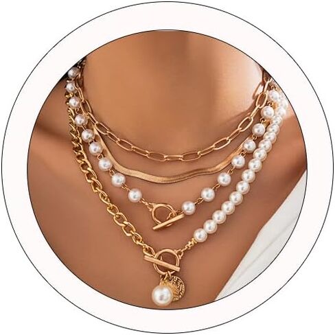 Gold Layered Pearl Chain Necklace - Chunky, Multilayered Design for Women in Saudi Arabia