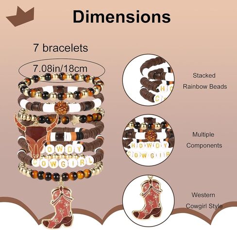 7pcs Cowgirl Bead Beaded Bracelets, Stackable Western Cowgirl Stack Bracelets with Bull Head and Boot Charm Practical Jewelry Accessories for Female in Saudi Arabia