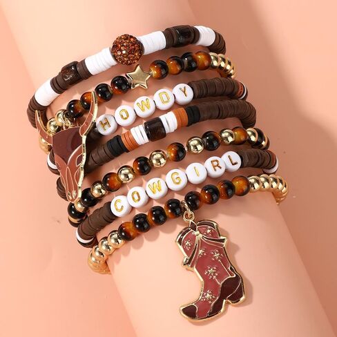 7pcs Cowgirl Bead Beaded Bracelets, Stackable Western Cowgirl Stack Bracelets with Bull Head and Boot Charm Practical Jewelry Accessories for Female in Saudi Arabia