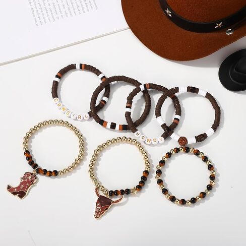 7pcs Cowgirl Bead Beaded Bracelets, Stackable Western Cowgirl Stack Bracelets with Bull Head and Boot Charm Practical Jewelry Accessories for Female in Saudi Arabia
