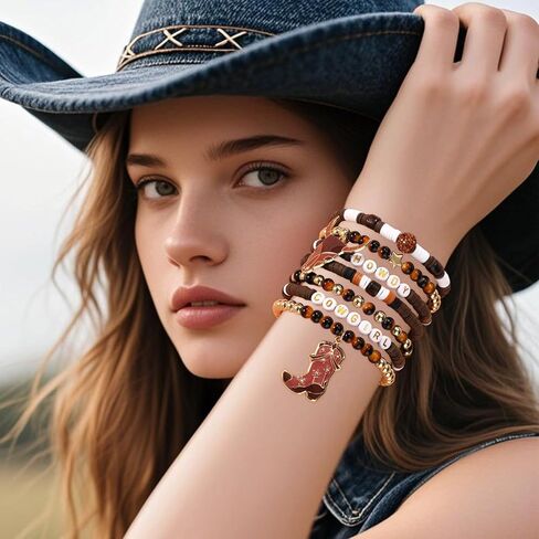 7pcs Cowgirl Bead Beaded Bracelets, Stackable Western Cowgirl Stack Bracelets with Bull Head and Boot Charm Practical Jewelry Accessories for Female in Saudi Arabia