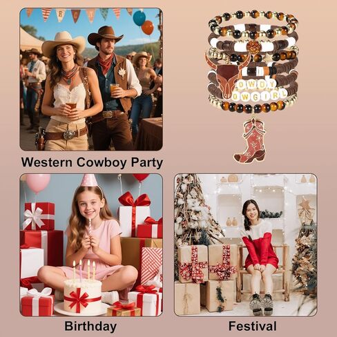 7pcs Cowgirl Bead Beaded Bracelets, Stackable Western Cowgirl Stack Bracelets with Bull Head and Boot Charm Practical Jewelry Accessories for Female in Saudi Arabia