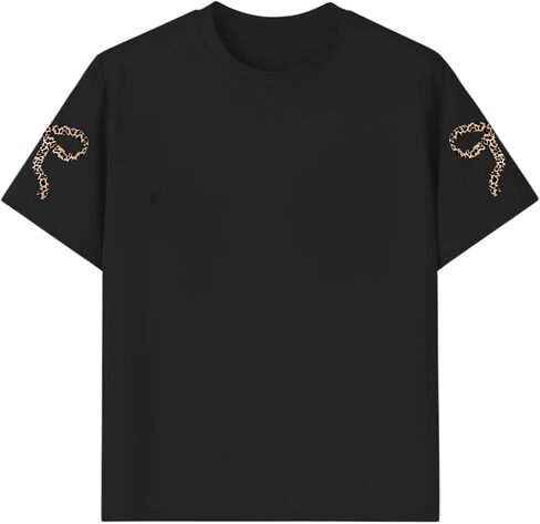 Girl's Bow Leopard Graphic Tees Short Sleeve Preppy Summer T Shirts Aesthetic Cute Tops Streetwear in Saudi Arabia