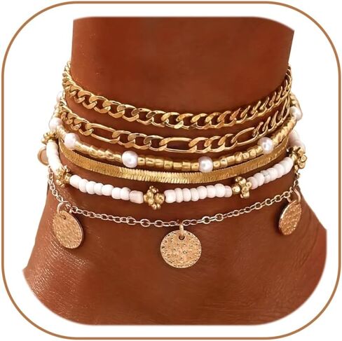 FAXHION Gold Ankle Bracelets for Women Waterproof, Shell Coin Bead Cuban Link Chain Adjustable Anklets Set, Hawaiian Boho Anklet Beach Jewelry Gift for Women in Saudi Arabia