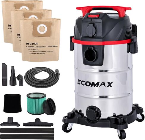 ECOMAX Dust Extractor & Shop Vac 2-in-1, Semi-Automatic Filter Clean, HEPA Filter, 8 Gallon 6.5 HP Wet Dry Vacuum, Anti-Static Hose, Dust-Full Indicator, for Woodworking, Workshop and Garage in Saudi Arabia