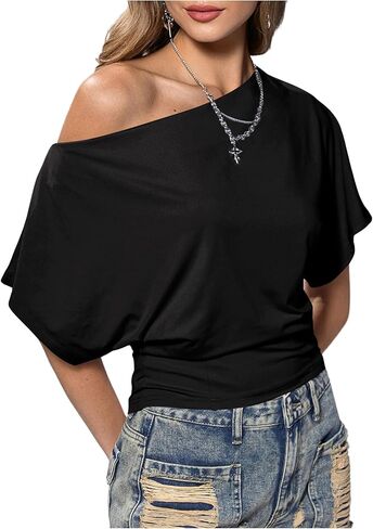 SweatyRocks Women's Off The Shoulder Tops Ruched Dolman Short Sleeve Trendy Casual T Shirts in Saudi Arabia