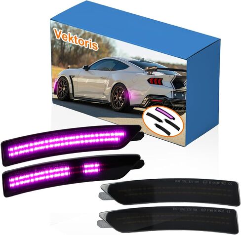 مجموعة مصابيح LED الأمامية والخلفية للحاجز الجانبي بعدسة مدخنة مكونة من 4 قطع لسيارة Ford Mustang Gen7/S650 - مجموعة مصابيح التحديد الجانبية للسائق والراكب، التوصيل والتشغيل (عدسة مدخنة ضوء LED أزرق) in Kuwait
