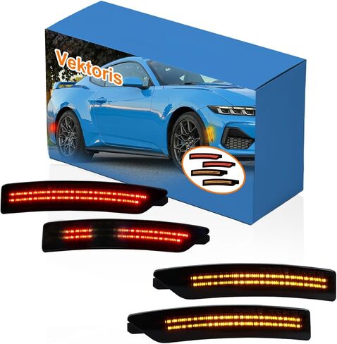 مجموعة مصابيح LED الأمامية والخلفية للحاجز الجانبي بعدسة مدخنة مكونة من 4 قطع لسيارة Ford Mustang Gen7/S650 - مجموعة مصابيح التحديد الجانبية للسائق والراكب، التوصيل والتشغيل (عدسة مدخنة ضوء LED أزرق) in Kuwait