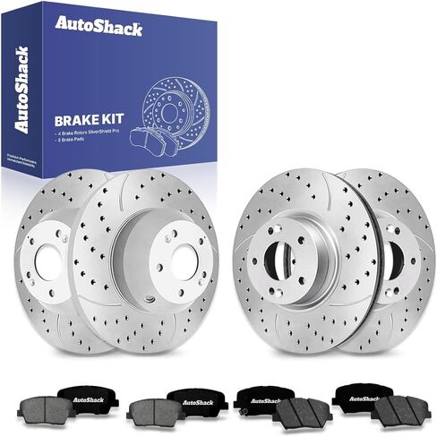 دوارات الفرامل الأمامية والخلفية المحفورة والمشقوقة من AutoShack لاستبدال وسادات الفرامل السيراميكية لـ 2011-2013 Kia Sorento 2010-2012 Hyundai Santa Fe V6 FWD Black E-Coated 12-PC طقم فرامل NightGuard in Kuwait