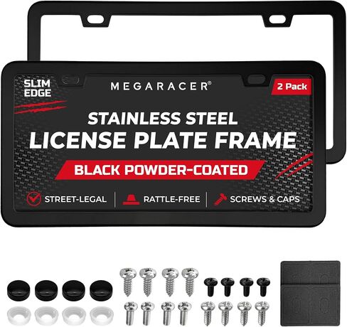 Premium Thin Matte Black License Plate Frames - 2 Pack, Rust-Free Stainless Steel, Rattle-Free, Street Legal with Screw Caps, Thin Metal Front & Rear Car Tag Holders - Fits BMW, Audi, Lexus & More in Saudi Arabia