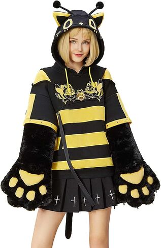 Micotaku Women's Cute Bee Cat Hoodie Adorable Plush Cat Paw Sweatshirt with Detachable Paw Sleeves for Casual Wear in Saudi Arabia