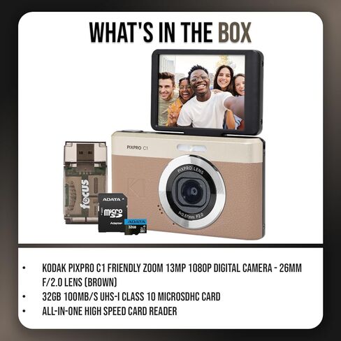 KODAK PIXPRO C1 13MP, 1080p Digital Camera (Black) Bundle with 32GB MicroSD Card and Card Reader (3-Items) in Saudi Arabia