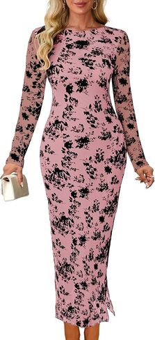 MITILLY Women Floral Bodycon Midi Dress 2025 Fall Elegant Mesh Long Sleeve Split Wedding Guest Cocktail Formal Dresses in Saudi Arabia