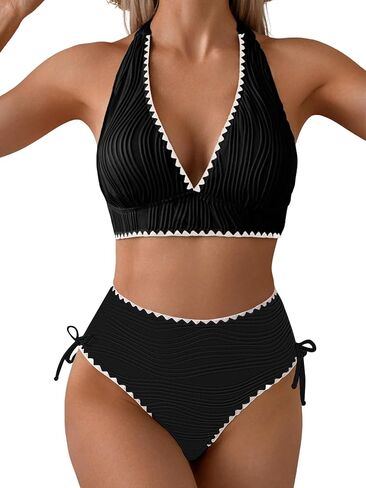 Leoparts Women's High Waisted Bikini Set - Halter V Neck 2 Piece Swimsuit Ribbed Whip Stitch Bathing Suit 2026 in Saudi Arabia