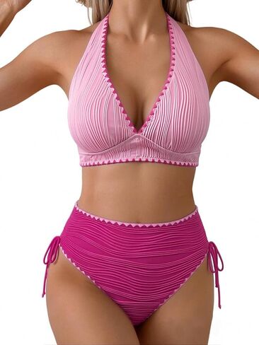 Leoparts Women's High Waisted Bikini Set - Halter V Neck 2 Piece Swimsuit Ribbed Whip Stitch Bathing Suit 2026 in Saudi Arabia