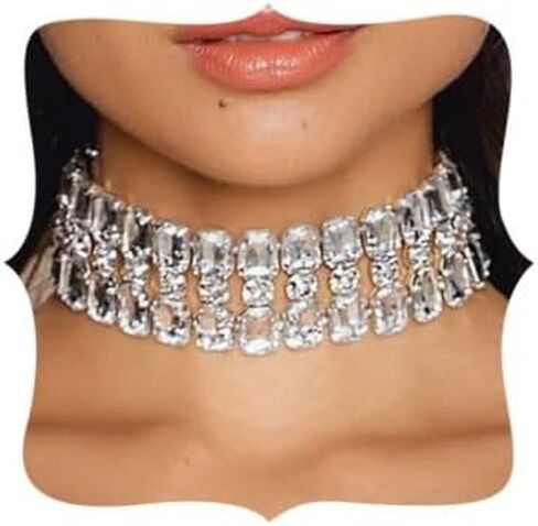 Wekicici Luxury Silver Rhinestone Choker Necklace Wide Full Crystal Collar Neaklace Costume Statement Jewelry for Women Party Prom Bar Neck Chain in Saudi Arabia