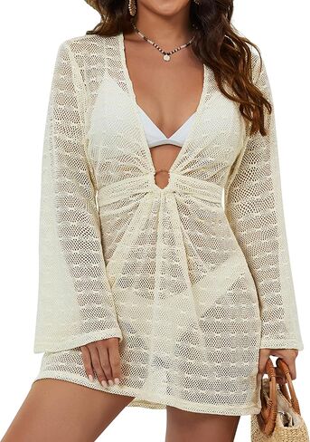 Blooming Jelly Womens Crochet Swimsuit Coverup Long Sleeve Swim Bathing Suit Cover Up O Ring Tie Back Beach Dress 2026 in Saudi Arabia