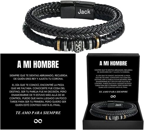 Spanish Card，To My Man, Personalized Dual Name Infinity Leather Bracelet, Personalized Custom Name Stainless Steel Braided Bracelet for Men/Women, for Birthday, Anniversary ,Christmas ,Valentine's Day Gifts in Kuwait