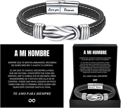 Spanish Card，To My Man, Personalized Dual Name Infinity Leather Bracelet, Personalized Custom Name Stainless Steel Braided Bracelet for Men/Women, for Birthday, Anniversary ,Christmas ,Valentine's Day Gifts in Kuwait