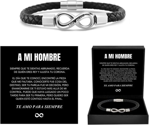 Spanish Card，To My Man, Personalized Dual Name Infinity Leather Bracelet, Personalized Custom Name Stainless Steel Braided Bracelet for Men/Women, for Birthday, Anniversary ,Christmas ,Valentine's Day Gifts in Kuwait