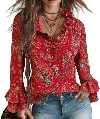 Women's Pink Paisley Floral Print Blouse Ruffled Collar Cuff Long Sleeve Button-Down Shirt Boho Casual Top in Kuwait